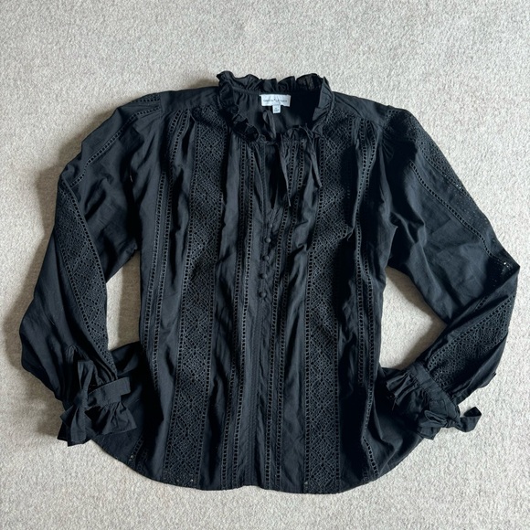 Gibson Latimer Tops - Black silky blouse with ruffle details and button details